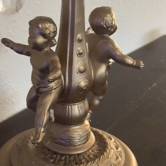 Vtg Electric Table Lamp Cherub Putti Italian Gold Tole Candelabra Prisms 27” - Picture 14 of 16